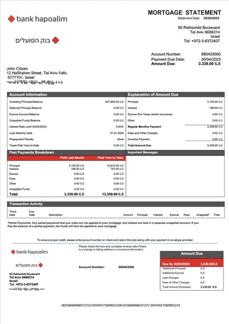 Download Israel Bank Hapoalim mortgage statement Word and PDF template Photoshop template